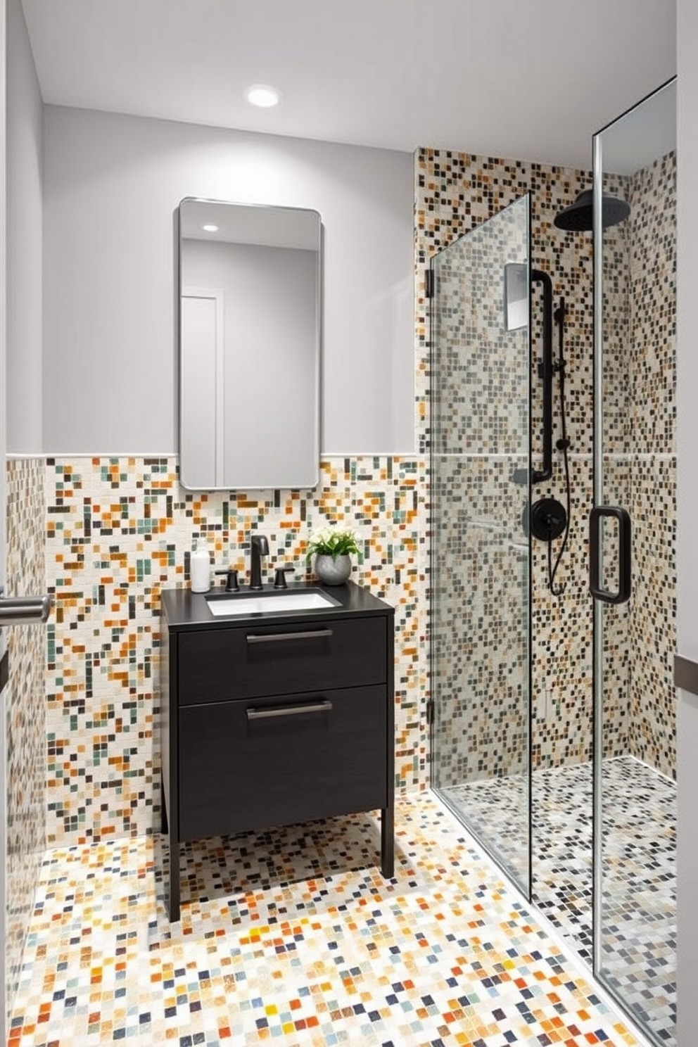 A luxurious bathroom featuring elegant mosaic tiles with intricate gold accents. The walls are adorned with shimmering tiles that create a stunning backdrop for the space. A freestanding soaking tub sits in the center, surrounded by stylish plants and soft lighting. The floor is complemented by a matching mosaic pattern that ties the design together beautifully.