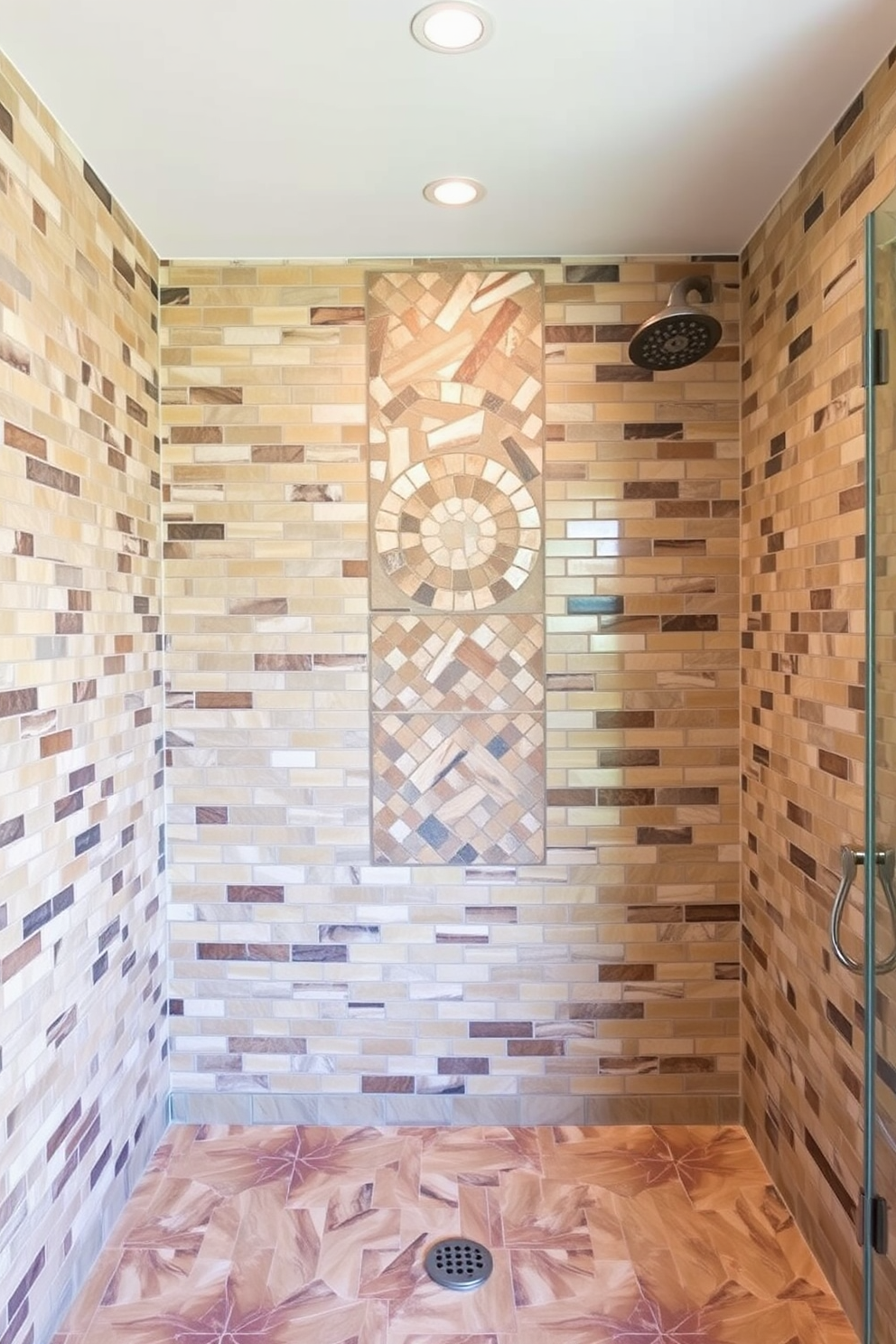 A striking bathroom design featuring bold black and white mosaic patterns that create an eye-catching floor. The walls are adorned with sleek white tiles, complementing the intricate mosaic while providing a clean and modern aesthetic. Incorporate a freestanding bathtub with elegant chrome fixtures positioned against a black accent wall. A minimalist wooden shelf holds neatly rolled towels and decorative candles, enhancing the luxurious feel of the space.