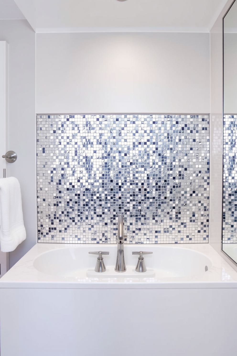 A stunning bathroom features a metallic mosaic backsplash that glistens under soft lighting. The mosaic tiles create a striking focal point, enhancing the overall elegance of the space.