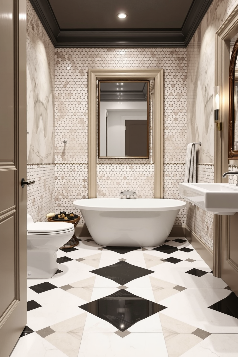 A stylish bathroom design featuring a black and white checkerboard floor that creates a striking visual impact. The walls are adorned with elegant mosaic tiles in soft neutral tones, adding texture and warmth to the space.