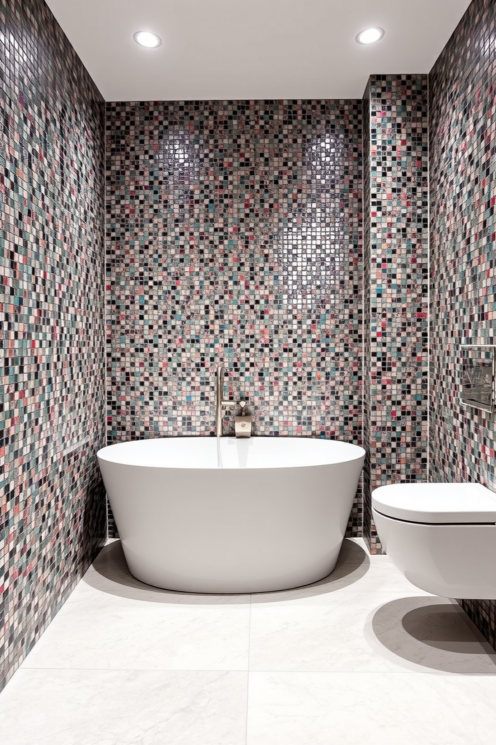 A luxurious bathroom featuring textured mosaic tiles that create visual depth and interest. The walls are adorned with intricate patterns, while the floor complements the design with a cohesive color palette.