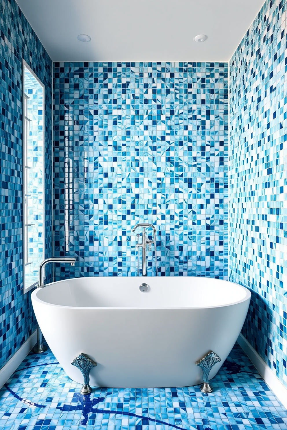 A serene bathroom oasis featuring ocean-themed blue mosaic tiles that create a stunning visual effect on the walls and floor. The space is complemented by a sleek white freestanding bathtub adorned with elegant chrome fixtures, providing a perfect spot to relax and unwind.