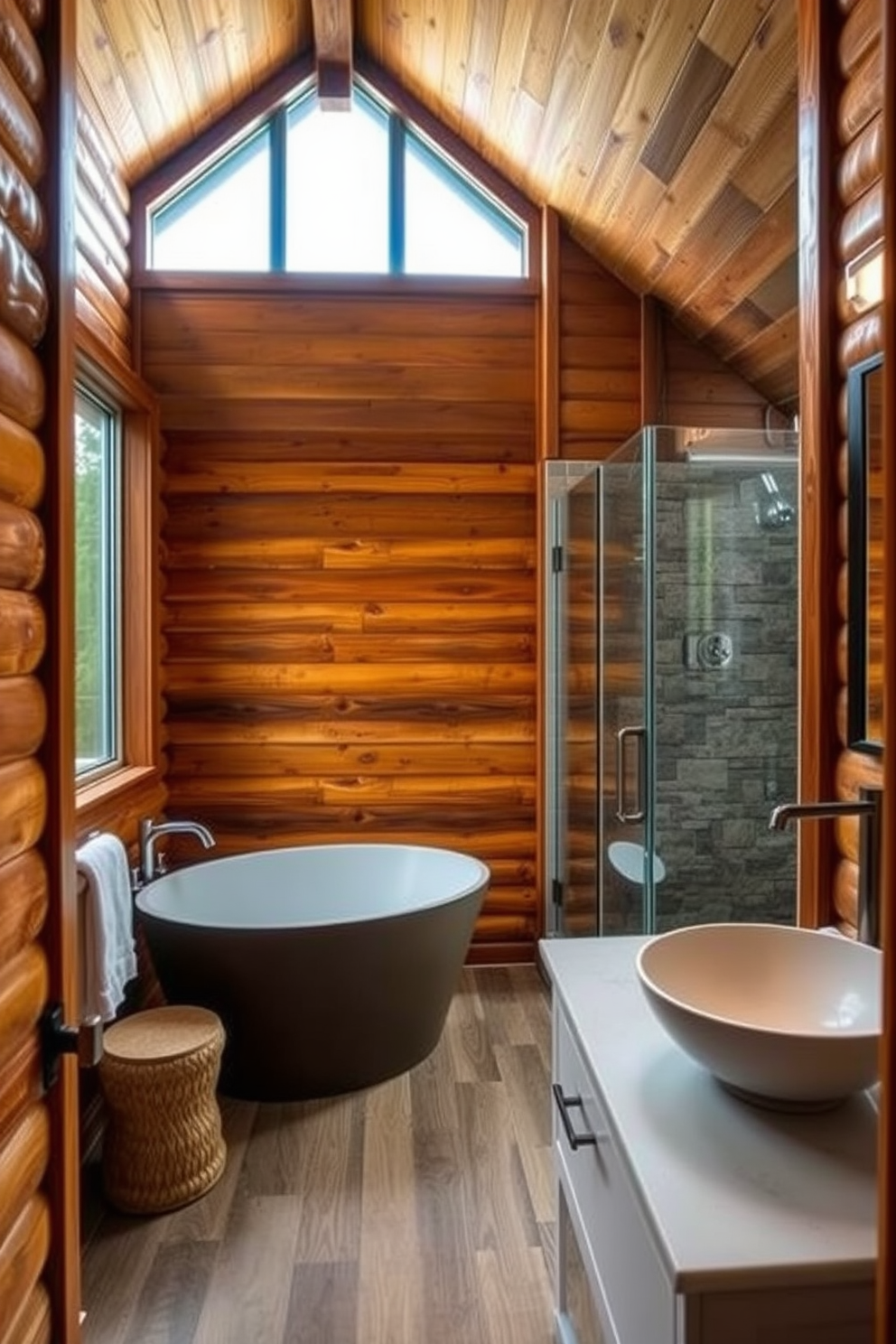 A rustic mountain cabin bathroom featuring warm wood paneling that creates a cozy atmosphere. The space includes modern fixtures such as a sleek freestanding tub and a contemporary shower with glass doors. Natural light floods in through a large window, highlighting the earthy tones of the wooden walls. A stone accent wall adds texture, while a stylish vanity with a vessel sink completes the look.