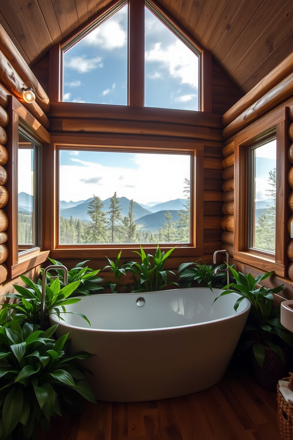 Freestanding bathtub positioned in the center of a rustic mountain cabin bathroom. Lush green plants surround the tub, creating a serene and inviting atmosphere. The walls are adorned with natural wood panels, and large windows provide a stunning view of the surrounding mountains. Warm, ambient lighting enhances the cozy feel of the space.