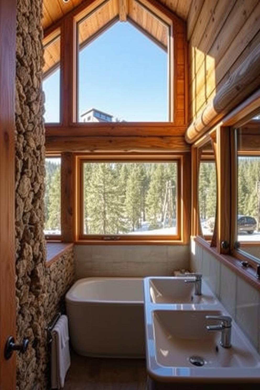 A cozy mountain cabin bathroom featuring wall-mounted faucets to maximize space efficiency. The design includes natural wood accents, a stone wall, and large windows that provide stunning views of the surrounding landscape.