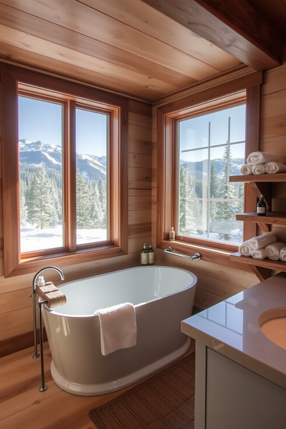 A serene mountain cabin bathroom featuring a neutral color palette with earthy tones. The walls are clad in natural wood, creating a warm and inviting atmosphere. A freestanding soaking tub sits in the corner, surrounded by large windows that offer stunning views of the surrounding mountains. Rustic wooden shelves hold neatly rolled towels and natural bath products, enhancing the cabin's cozy charm.