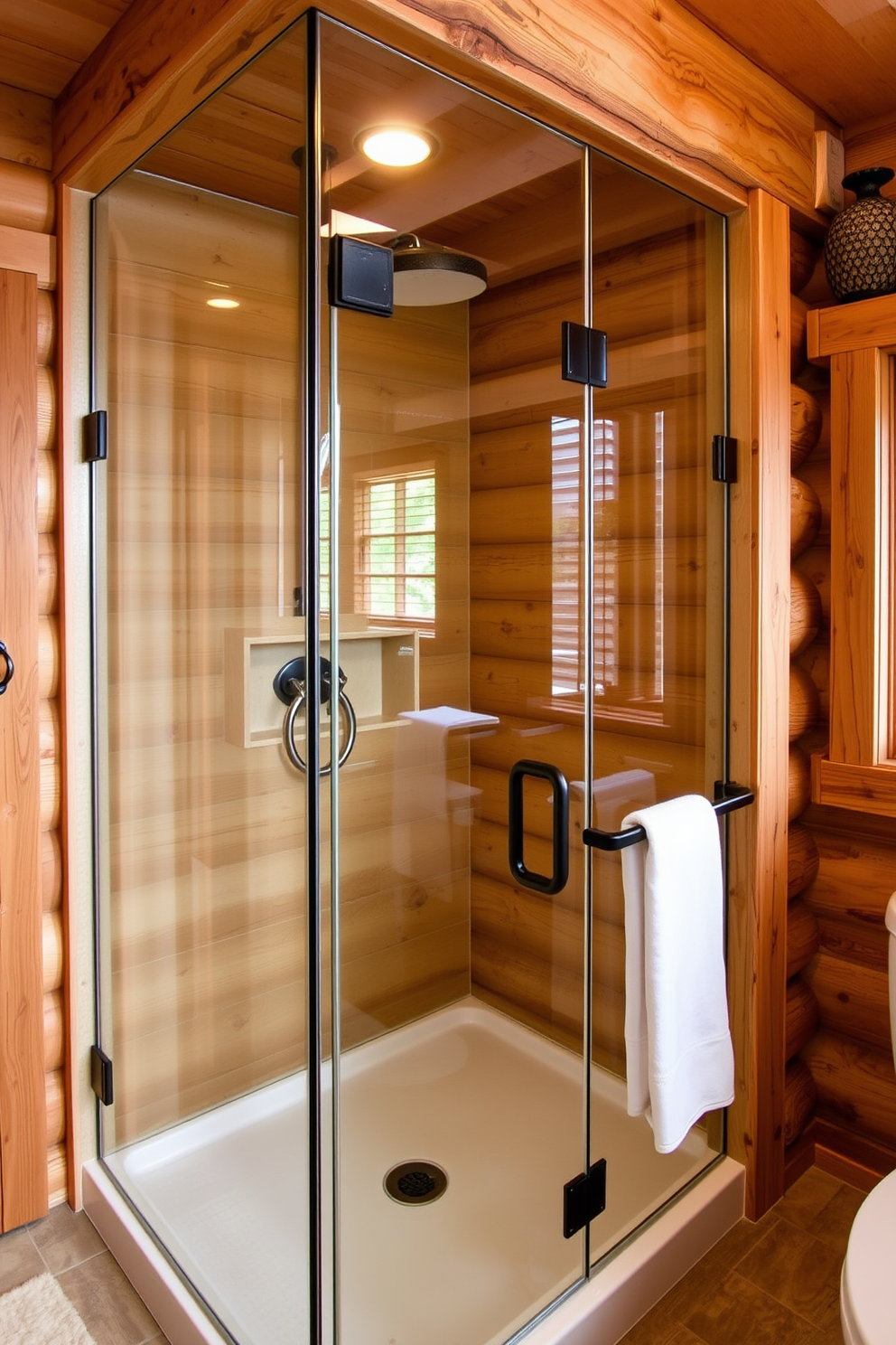 A cozy mountain cabin bathroom featuring hanging plants that bring fresh greenery into the space. The walls are adorned with natural wood paneling, and large windows allow ample sunlight to illuminate the room.