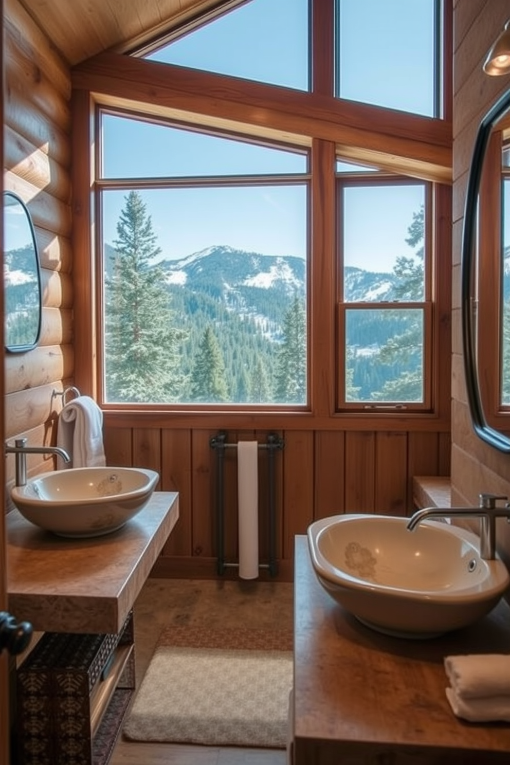 A mountain cabin bathroom featuring handmade ceramic sinks that add a touch of uniqueness to the space. The walls are adorned with natural wood paneling, and large windows allow for ample natural light, showcasing the stunning mountain views outside.