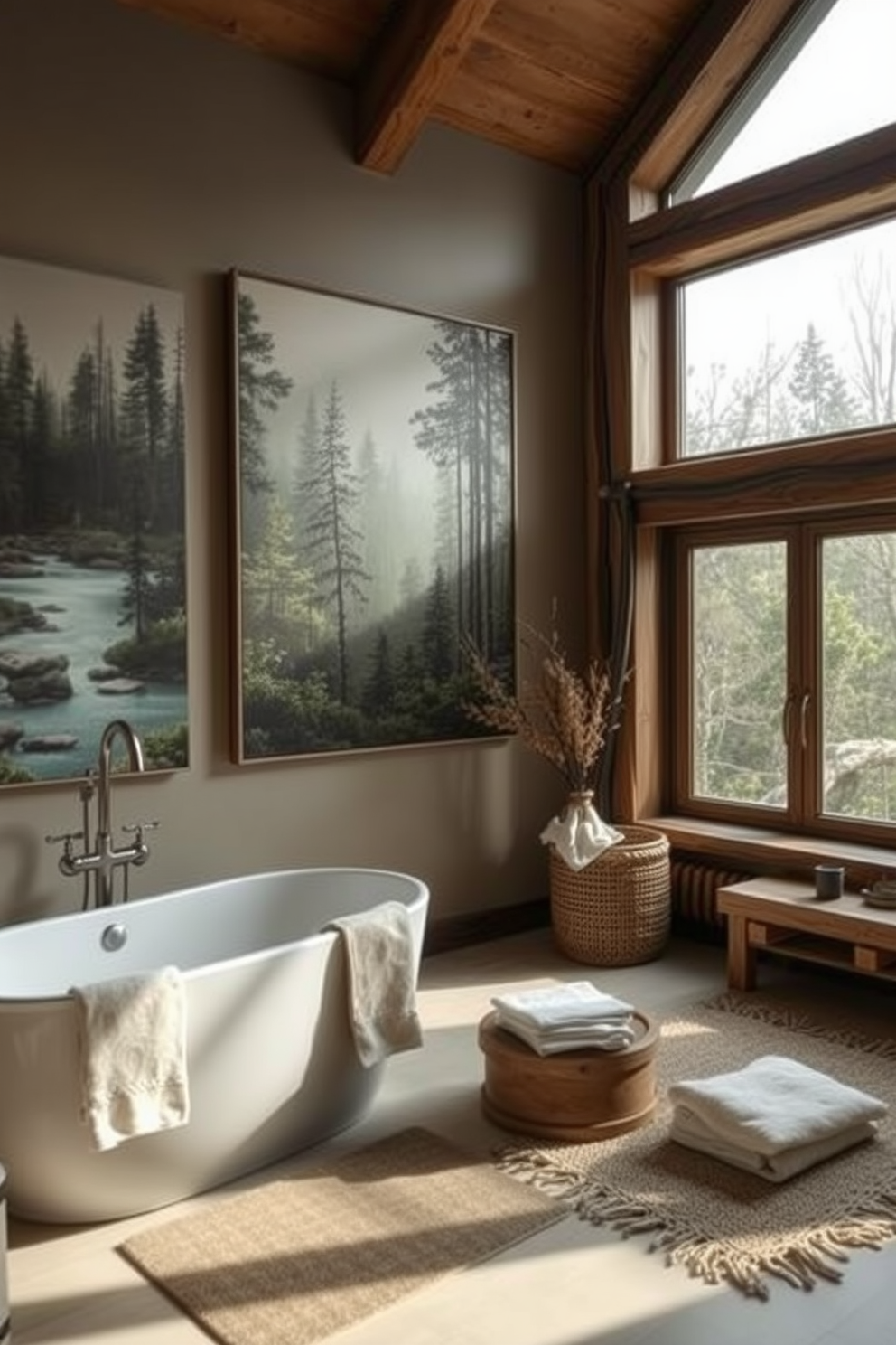 A serene bathroom setting inspired by nature. The walls are adorned with nature-themed artwork featuring lush forests and tranquil lakes, creating a calming atmosphere. The design includes rustic wooden accents and a freestanding bathtub positioned near a large window. Natural light floods the space, highlighting the earthy tones of the decor and the soft textures of the towels and rugs.