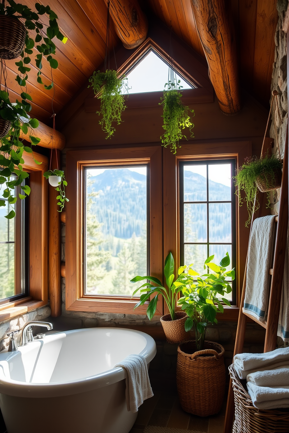 Hanging plants adorn the corners of the mountain cabin bathroom, creating a fresh and inviting atmosphere. The rustic wooden beams and stone walls complement the greenery, while a deep soaking tub sits beneath a large window showcasing breathtaking mountain views. Natural light floods the space, highlighting the rich textures of the wood and stone. A vintage ladder serves as a unique towel rack, and a woven basket holds plush towels, enhancing the cozy cabin feel.