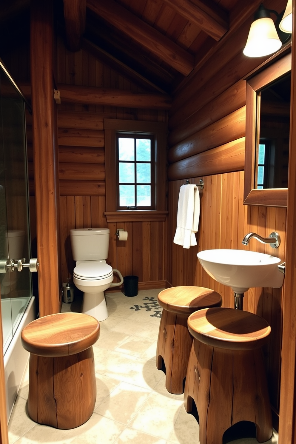 A cozy mountain cabin bathroom featuring rustic wooden stools for added seating space. The walls are adorned with natural wood paneling, and soft, warm lighting creates an inviting atmosphere.