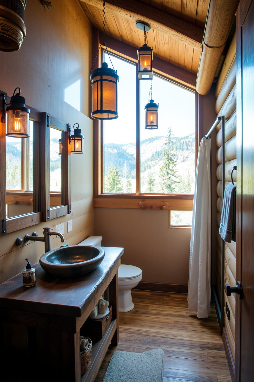 A cozy mountain cabin bathroom featuring rustic lanterns for ambient lighting. The space includes a reclaimed wood vanity with a stone sink and natural wood accents throughout. The walls are adorned with warm, earthy tones that complement the surrounding nature. A large window offers a view of the mountains, allowing natural light to enhance the rustic charm.