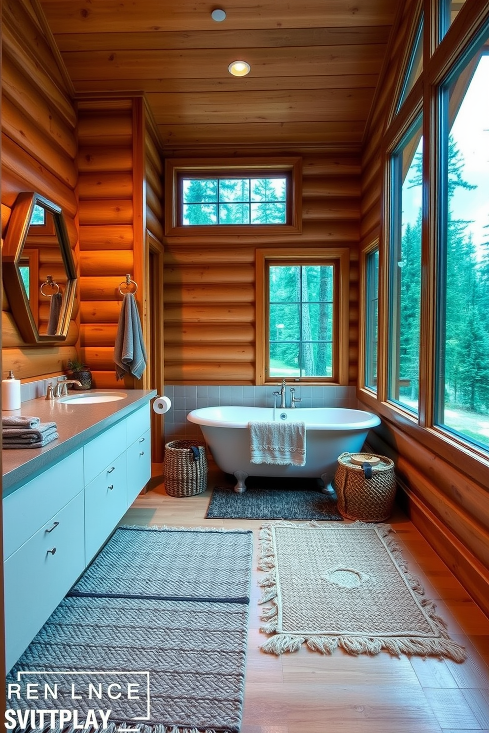 A cozy mountain cabin bathroom featuring textured rugs that add warmth to the space. The walls are adorned with natural wood paneling and large windows allow for ample natural light.