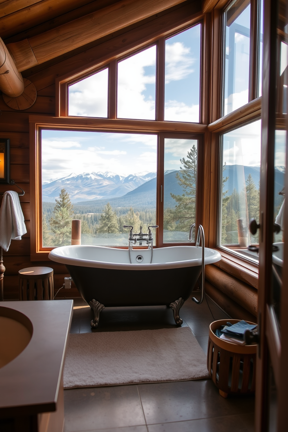 A serene mountain cabin bathroom featuring a freestanding tub positioned near a large window that showcases breathtaking mountain views. The walls are clad in warm wood paneling, and the floor is adorned with natural stone tiles, creating a cozy and inviting atmosphere.