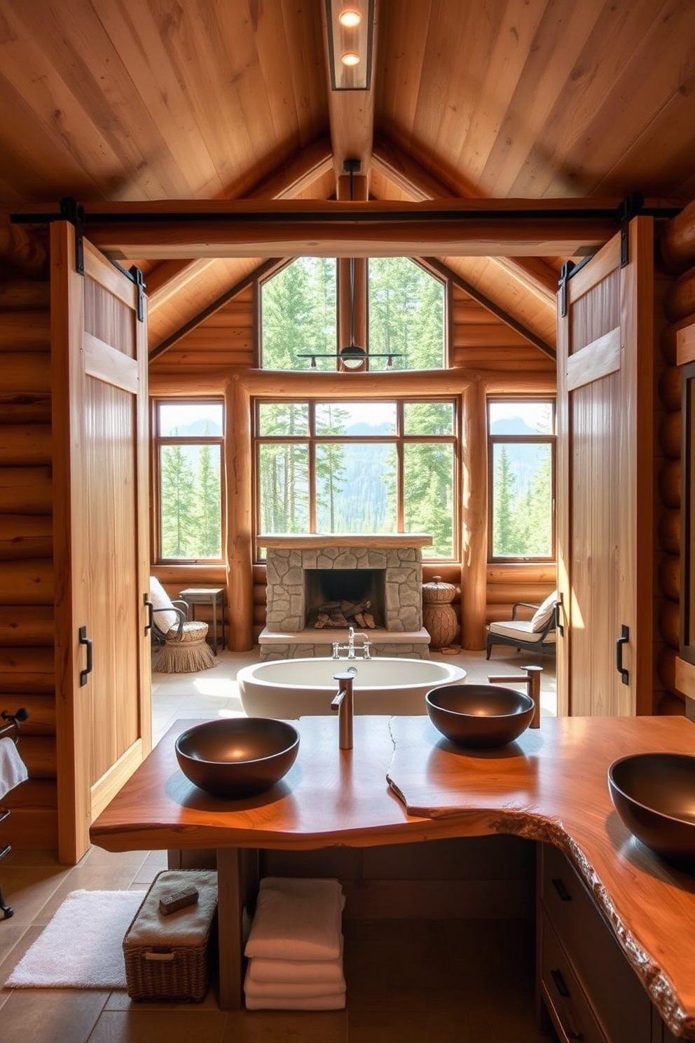 A serene mountain cabin bathroom featuring natural wood sliding barn doors that open to a spacious layout. The design incorporates rustic elements with a freestanding soaking tub placed beneath a large window, allowing for breathtaking views of the surrounding forest. Warm tones dominate the space, with reclaimed wood accents on the walls and a stone fireplace adding to the cozy atmosphere. A double vanity with a live-edge wood countertop and vessel sinks complements the earthy aesthetic, while soft, ambient lighting creates a tranquil retreat.