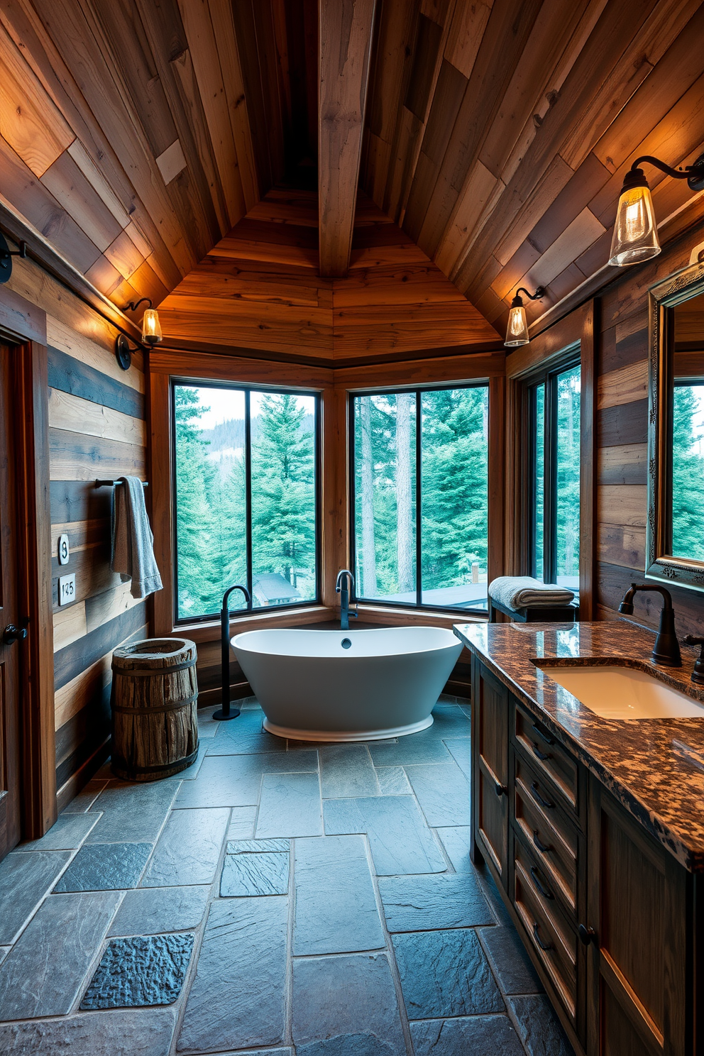 A mountain cabin bathroom featuring sconces with a vintage industrial look. The walls are adorned with reclaimed wood panels, and the floor is covered in rustic stone tiles. A freestanding soaking tub sits in the center, surrounded by large windows that offer a view of the forest outside. The vanity is made of distressed wood, topped with a rugged granite surface, and includes a large mirror framed in aged metal.