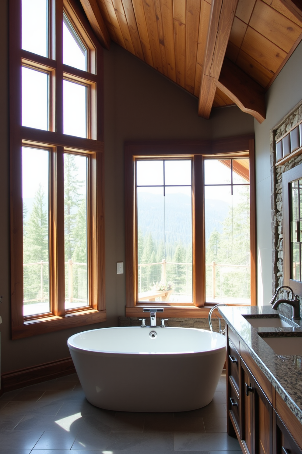 Large windows allow natural light to flood the space, creating a warm and inviting atmosphere. The bathroom features rustic wooden beams and a stone accent wall, enhancing the mountain cabin aesthetic. A freestanding soaking tub is positioned beneath the windows, offering a serene view of the surrounding landscape. The vanity is crafted from reclaimed wood, topped with a smooth granite surface, and includes dual sinks for convenience.