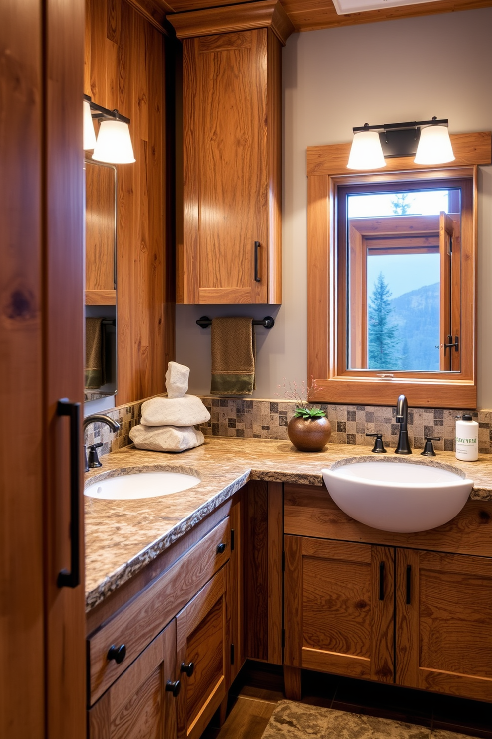 A cozy mountain cabin bathroom featuring woven baskets for organized storage. The baskets are placed under a rustic wooden vanity, adding warmth and texture to the space. Natural wood accents enhance the cabin feel, with a large window allowing sunlight to stream in. Soft, neutral tones on the walls create a serene atmosphere, complemented by earthy stone tiles on the floor.