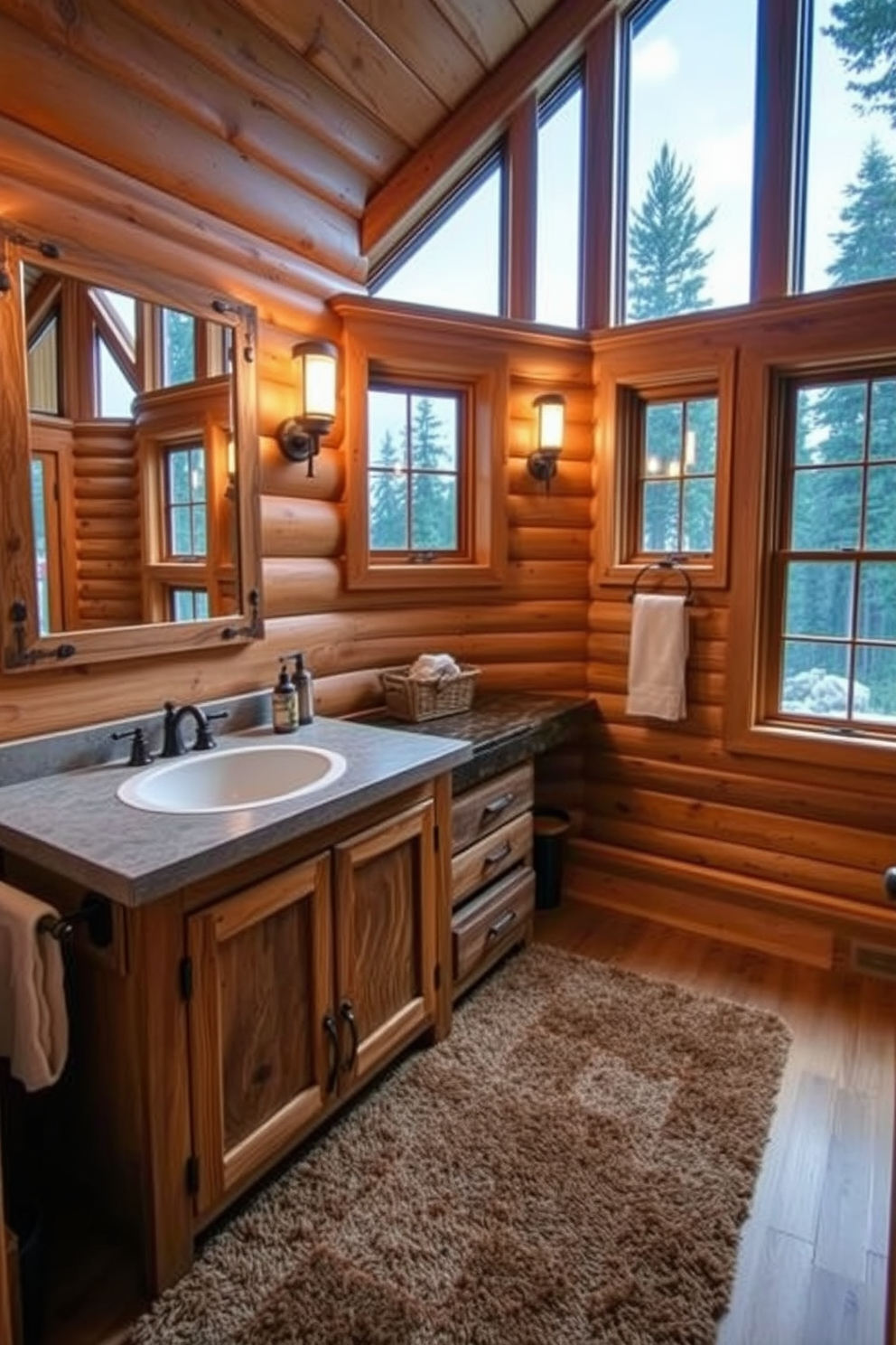 A cozy mountain cabin bathroom featuring dual sinks set in a rustic wooden vanity. The walls are adorned with natural wood paneling, and large windows offer stunning views of the surrounding forest. The sinks are complemented by oil-rubbed bronze fixtures, adding a touch of elegance. A plush area rug in earthy tones lies beneath the vanity, enhancing the warm and inviting atmosphere.