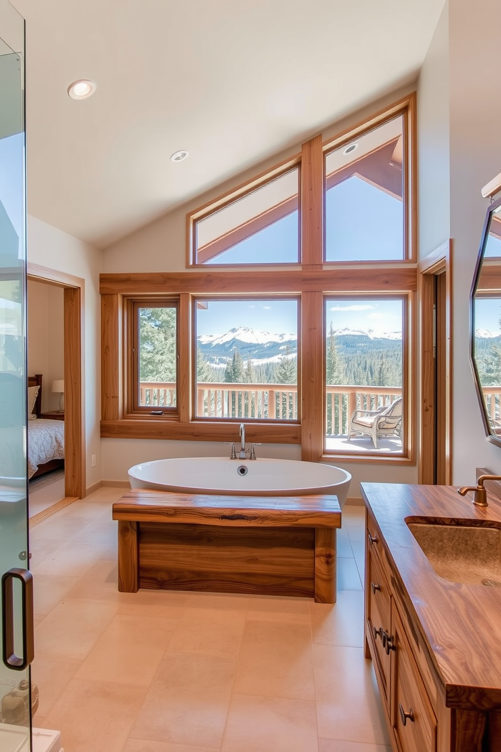 Open concept bathroom with a seamless view into the bedroom. The space features a freestanding soaking tub positioned near a large window that frames a stunning mountain landscape. Natural wood accents are used throughout the design, including a reclaimed wood vanity with a stone sink. Soft, neutral tones on the walls complement the rustic charm of the cabin while providing a serene atmosphere.