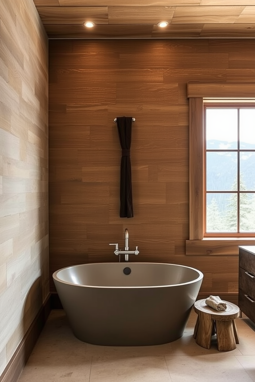 A cozy mountain cabin bathroom featuring rustic wooden beams and a stone accent wall. The space includes a freestanding soaking tub with copper fixtures, surrounded by large windows that offer a breathtaking view of the mountains. A double vanity made of reclaimed wood showcases a beautiful copper sink and fixtures. Soft, warm lighting illuminates the room, enhancing the natural textures and creating a serene atmosphere.