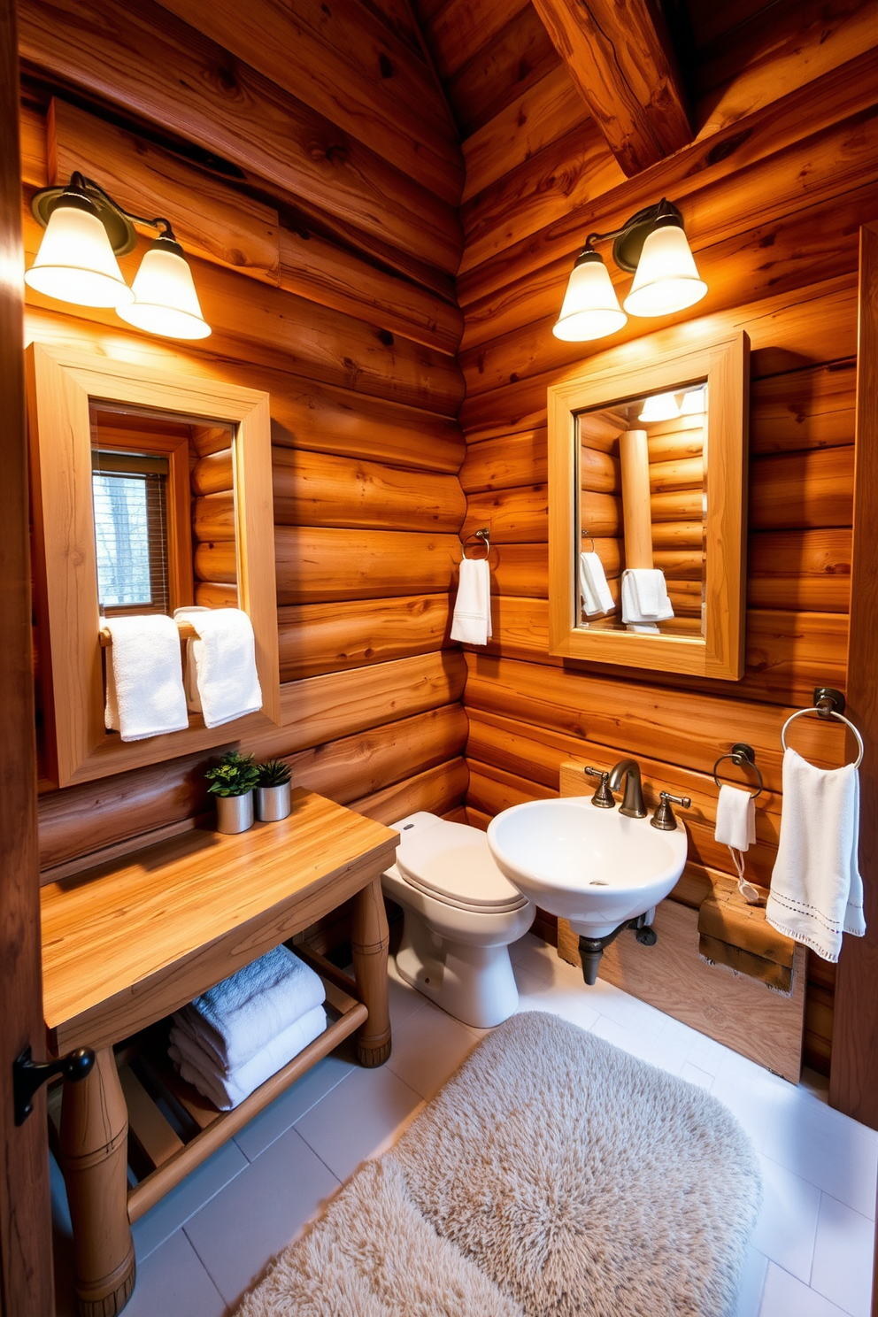 A cozy mountain cabin bathroom featuring warm wood tones complemented by white accents. The space includes a wooden vanity with a white sink and a large mirror framed in natural wood. The walls are adorned with rustic wood paneling while the floor is covered in creamy white tiles. Soft lighting fixtures create a warm ambiance, and a plush white rug adds comfort underfoot.