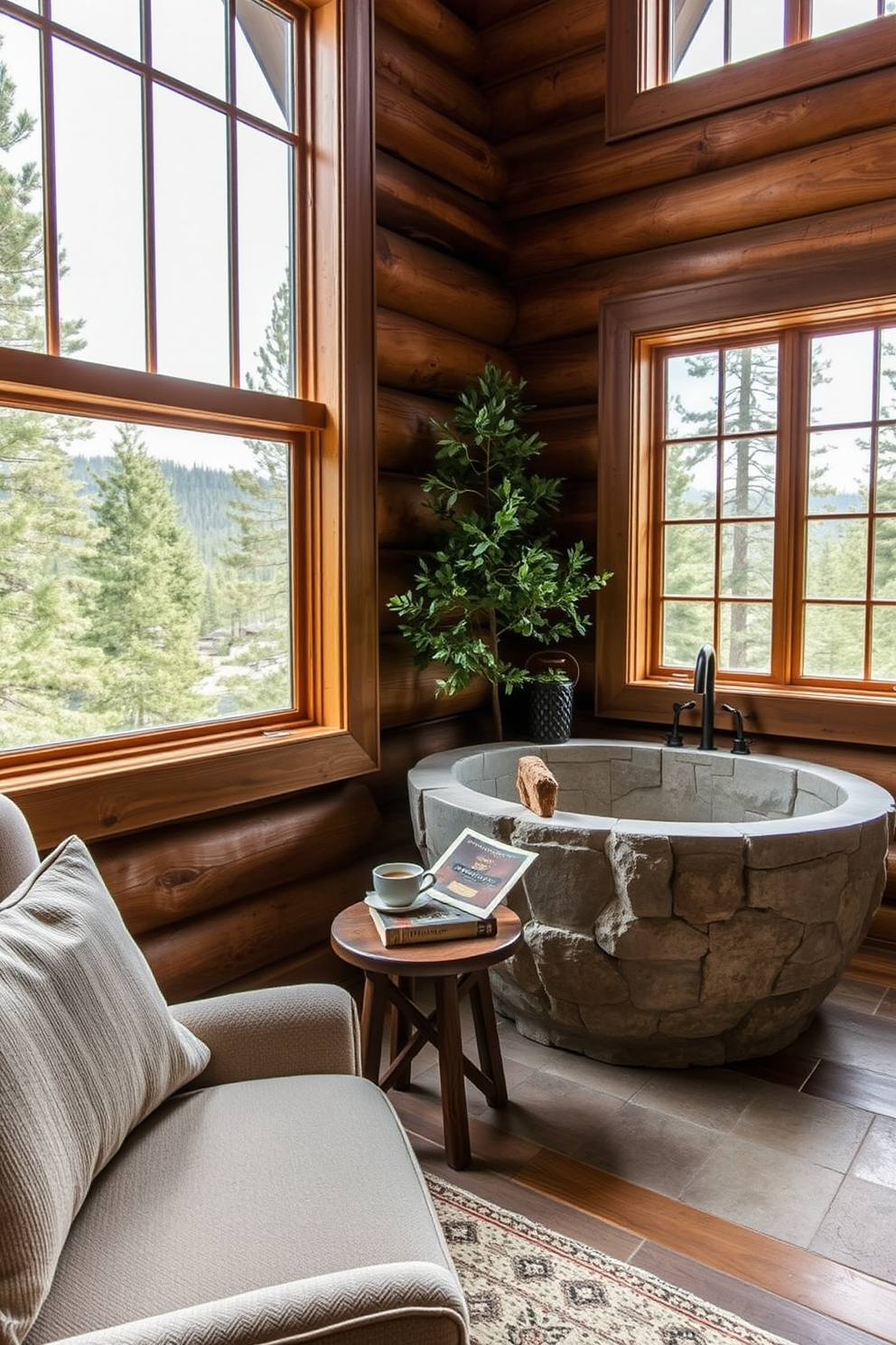 A cozy reading nook by the window features a plush armchair upholstered in soft fabric. A small wooden side table holds a steaming cup of tea and a stack of well-loved books. Mountain cabin bathroom design ideas include a freestanding soaking tub made of natural stone. The walls are adorned with reclaimed wood, and large windows offer breathtaking views of the surrounding pine forest.