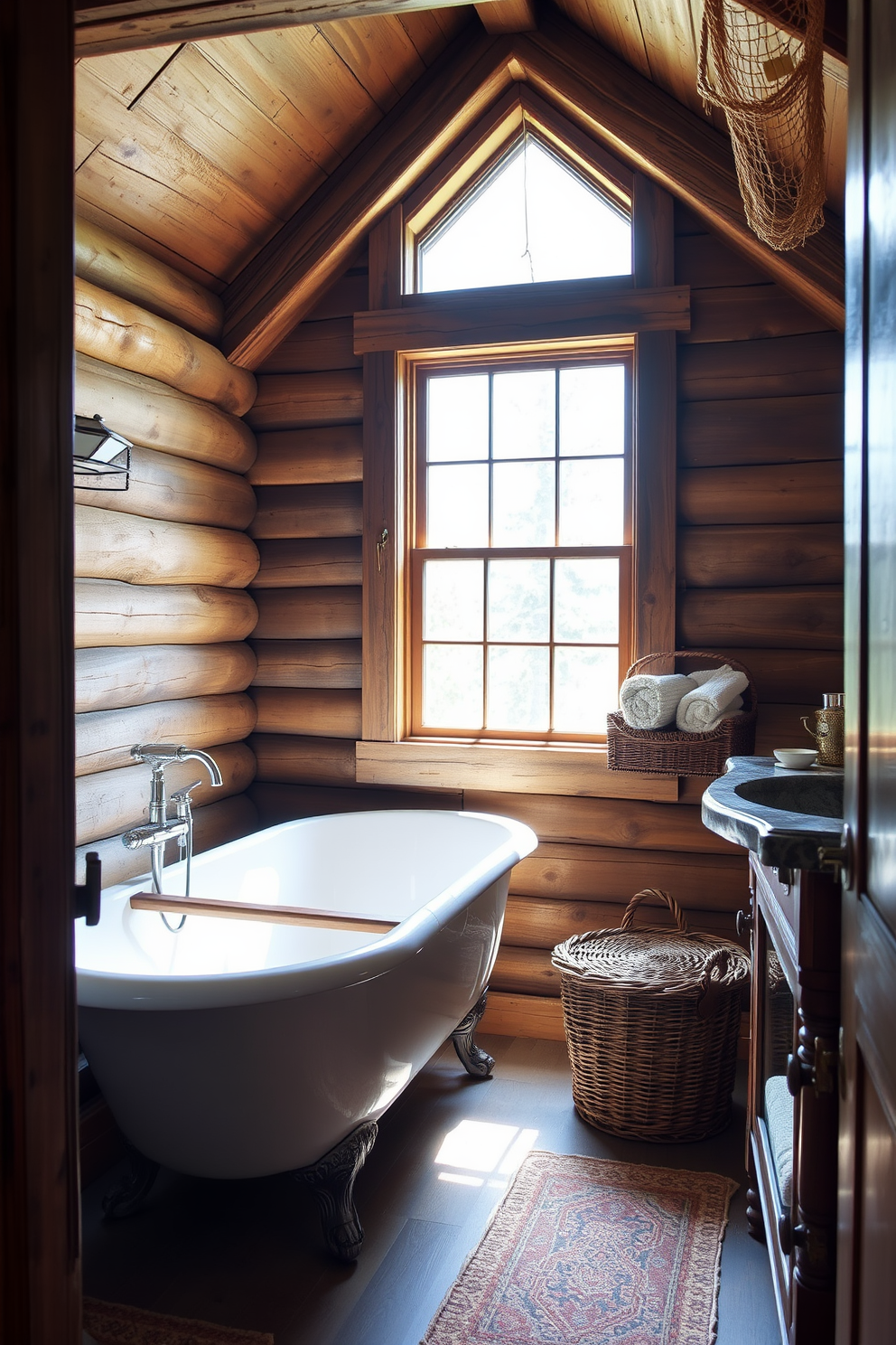 Antique wooden furniture pieces are strategically placed to add character to the mountain cabin bathroom. A vintage clawfoot bathtub sits prominently under a large window, framed by rustic wooden beams and natural light flooding the space. The walls are adorned with reclaimed wood paneling, enhancing the cozy, cabin feel. A distressed antique vanity with a stone sink complements the earthy tones, while a woven basket holds plush towels for a warm touch.