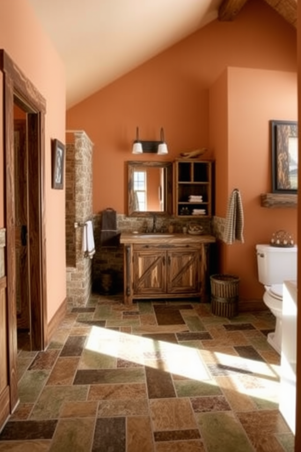 A cozy mountain cabin bathroom featuring slate tile flooring that adds natural warmth to the space. The walls are adorned with rustic wood paneling, and large windows provide stunning views of the surrounding landscape.