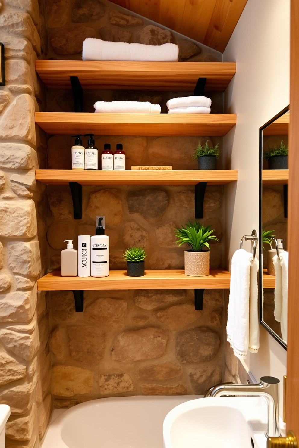 Floating shelves in a mountain cabin bathroom create a clean and airy atmosphere. The natural wood finish of the shelves complements the rustic stone walls, enhancing the cozy feel of the space. The shelves are adorned with neatly arranged toiletries and small potted plants for a touch of greenery. Soft, warm lighting illuminates the shelves, adding to the inviting ambiance of the cabin retreat.