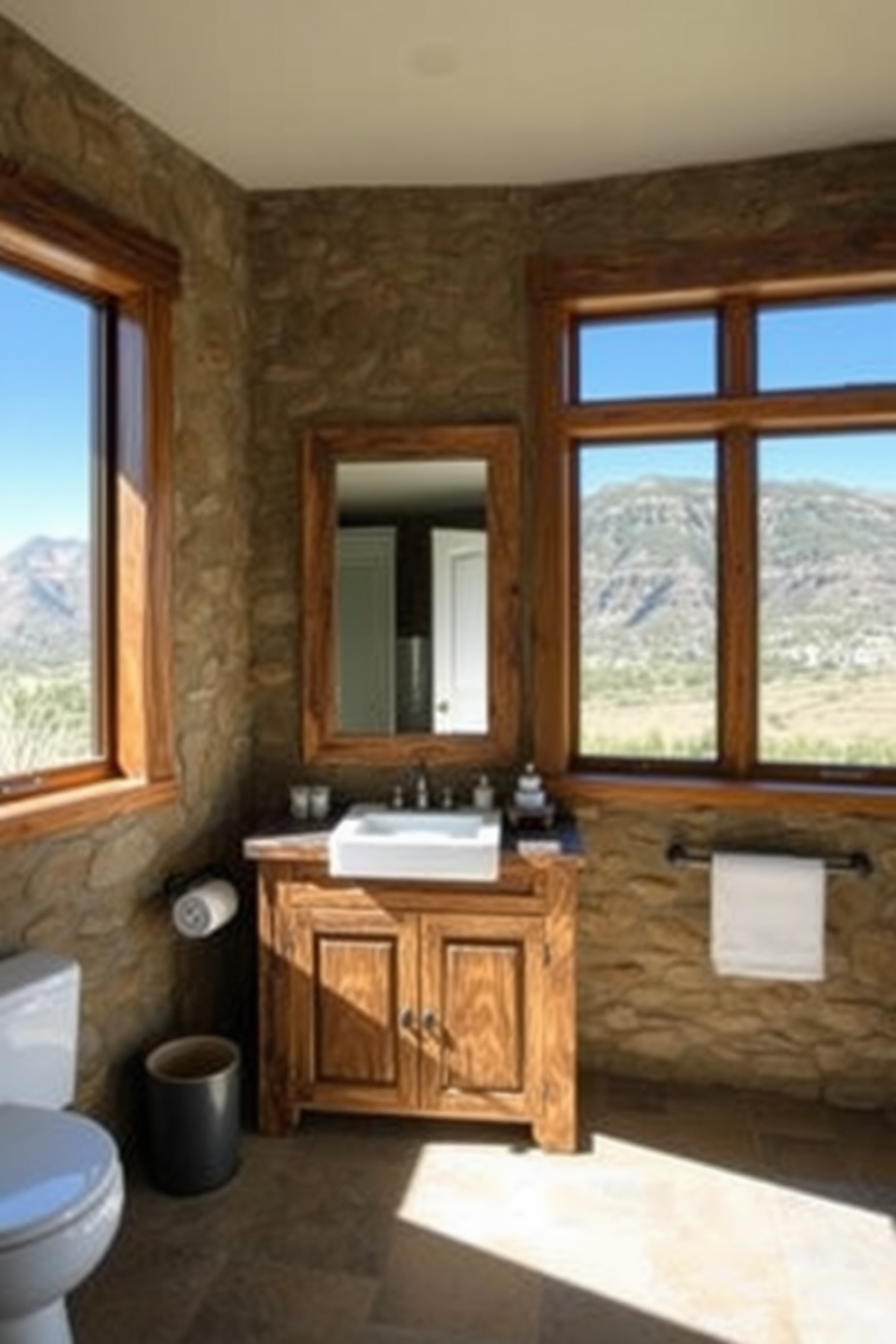 A mountain cabin bathroom featuring log cabin walls that create a warm and cozy atmosphere. The space includes a freestanding bathtub made of natural stone, surrounded by wooden accents and large windows that offer stunning views of the surrounding mountains.