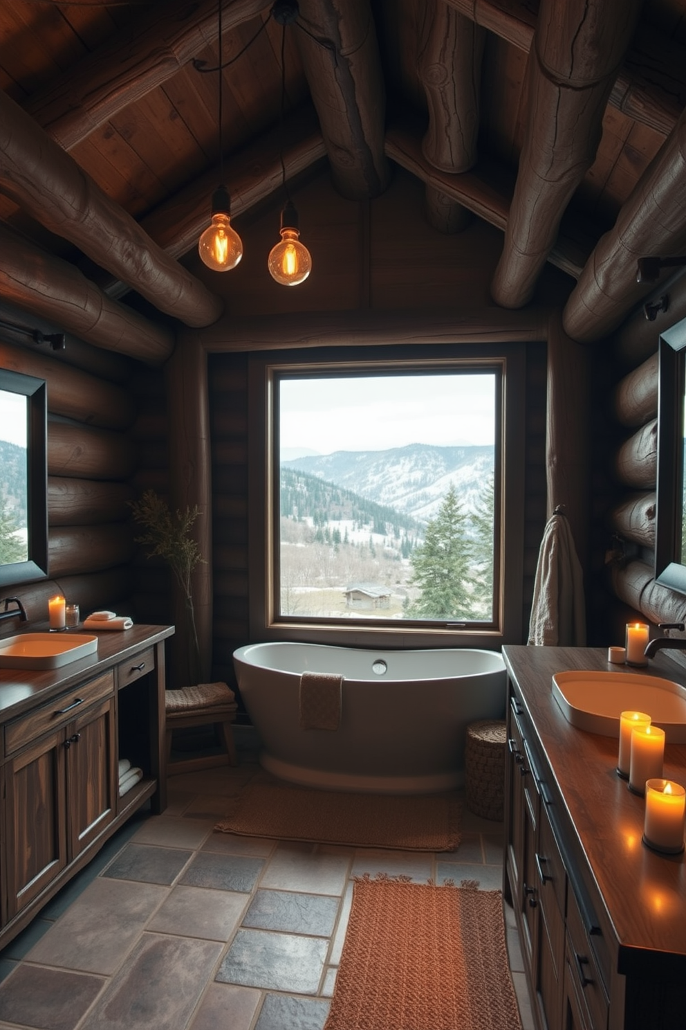 Cozy lighting with warm-toned bulbs creates an inviting atmosphere in the mountain cabin bathroom. The space features rustic wooden beams overhead and a freestanding soaking tub positioned near a large window that offers stunning views of the surrounding landscape. Natural stone tiles line the floor, complemented by a wooden vanity with a deep sink and plenty of storage. Soft textiles in earthy tones add warmth, while strategically placed candles enhance the serene ambiance.