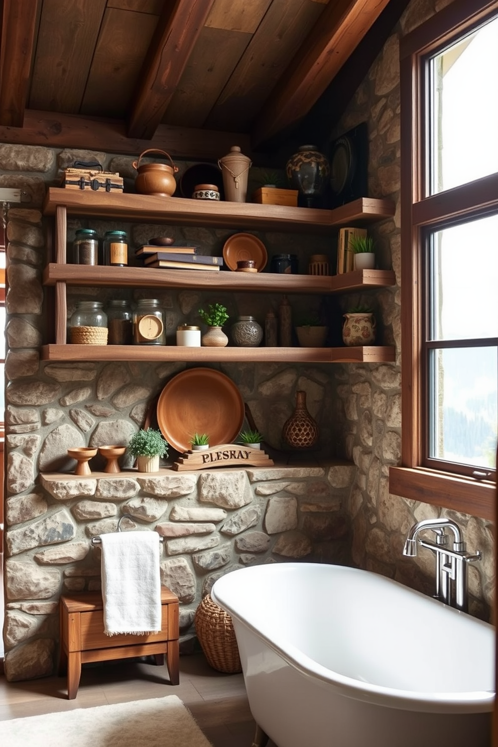 A cozy mountain cabin bathroom featuring rustic antler light fixtures that add warmth and charm. The walls are clad in natural wood, and the floor is finished with wide-plank hardwood, creating a serene atmosphere. The vanity is crafted from reclaimed wood with a stone countertop, complemented by a large mirror framed in distressed wood. Soft, earthy tones dominate the space, with plush towels and organic accents enhancing the rustic feel.