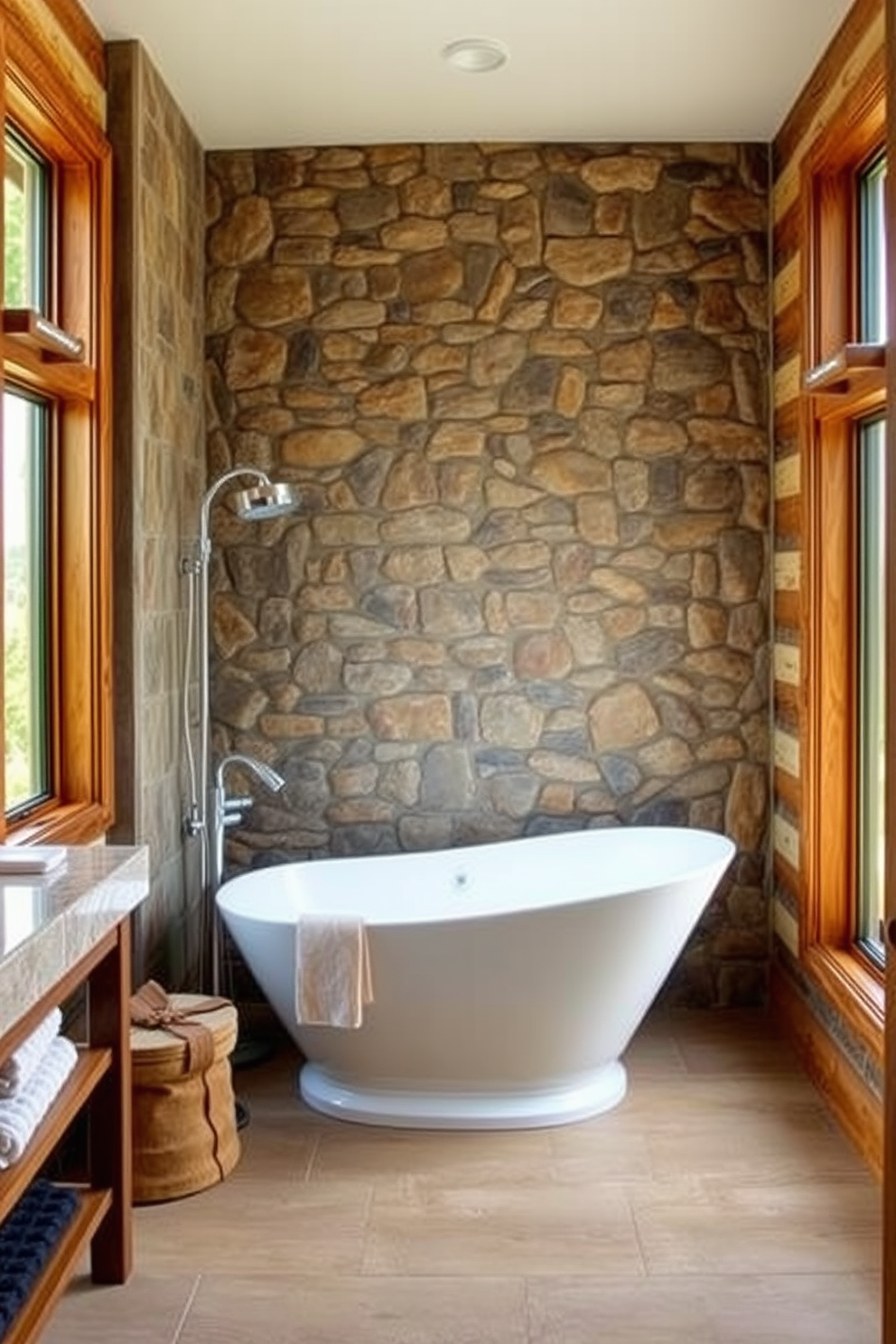 A mountain cabin bathroom featuring a striking stone accent wall behind the shower creates a rustic yet elegant atmosphere. Natural wood elements complement the design, with a freestanding tub positioned to take advantage of the scenic views through large windows.