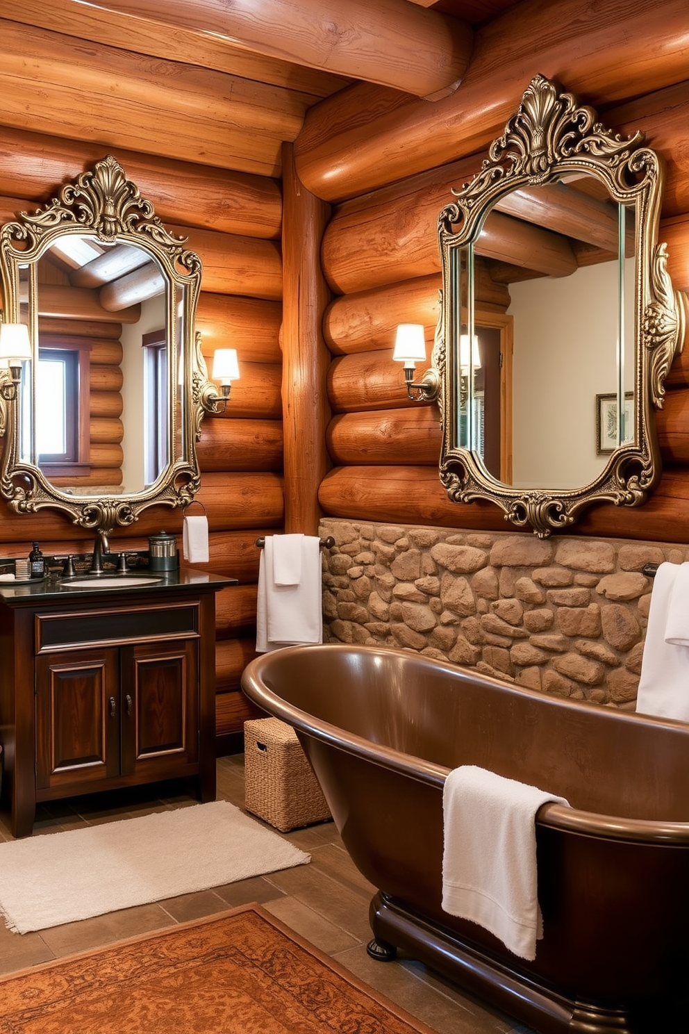 A serene mountain cabin bathroom featuring an open shower with a pebble stone floor. The walls are adorned with natural wood panels, and large windows offer breathtaking views of the surrounding landscape.