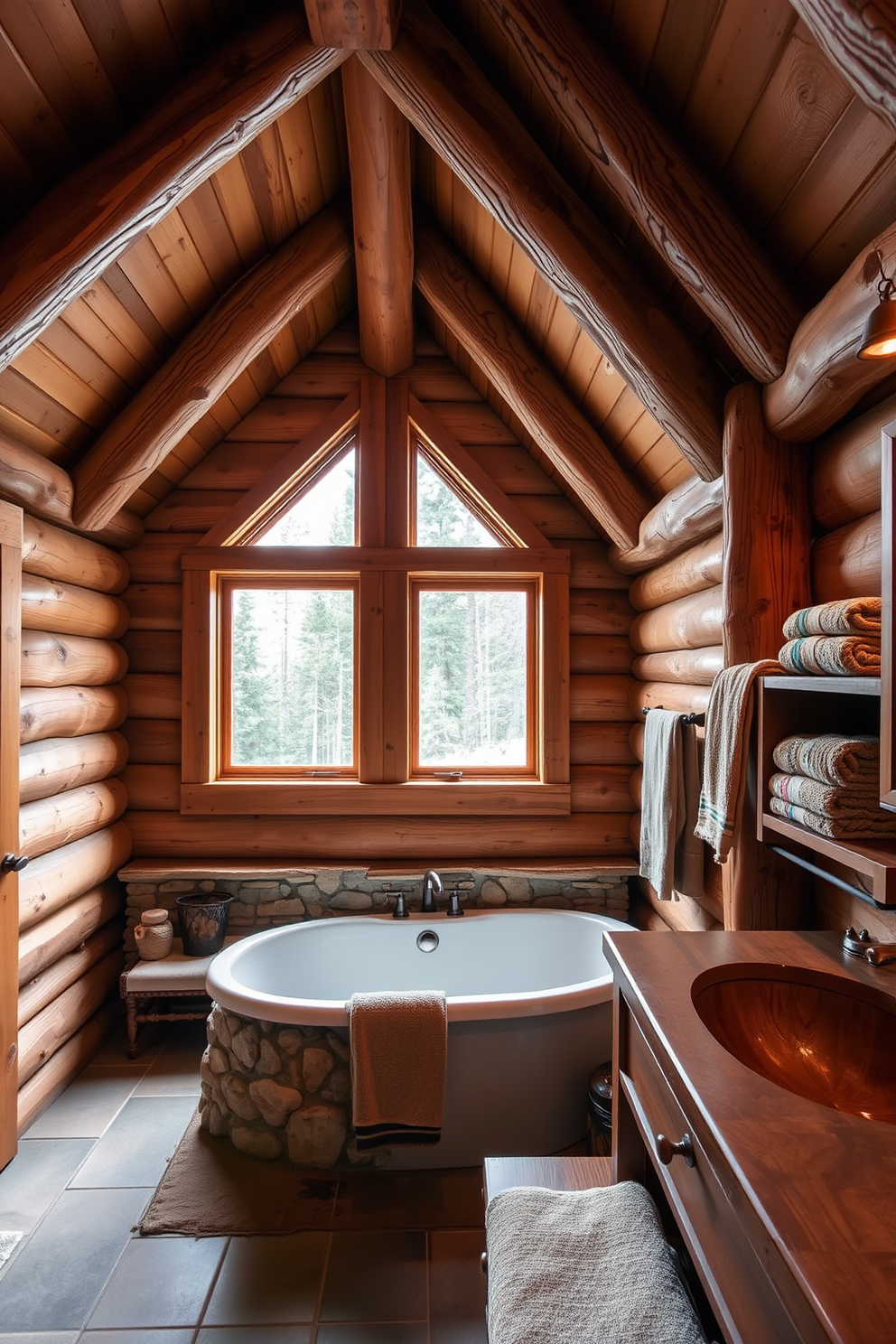 A cozy mountain cabin bathroom featuring exposed wooden beams that create a warm and inviting atmosphere. The walls are clad in natural wood, and a freestanding soaking tub sits beneath a large window with a view of the surrounding forest. Rustic elements are highlighted with stone accents around the tub and a handcrafted wooden vanity with a deep sink. Soft, plush towels in earth tones are neatly arranged on a nearby shelf, enhancing the cabin's serene and tranquil vibe.