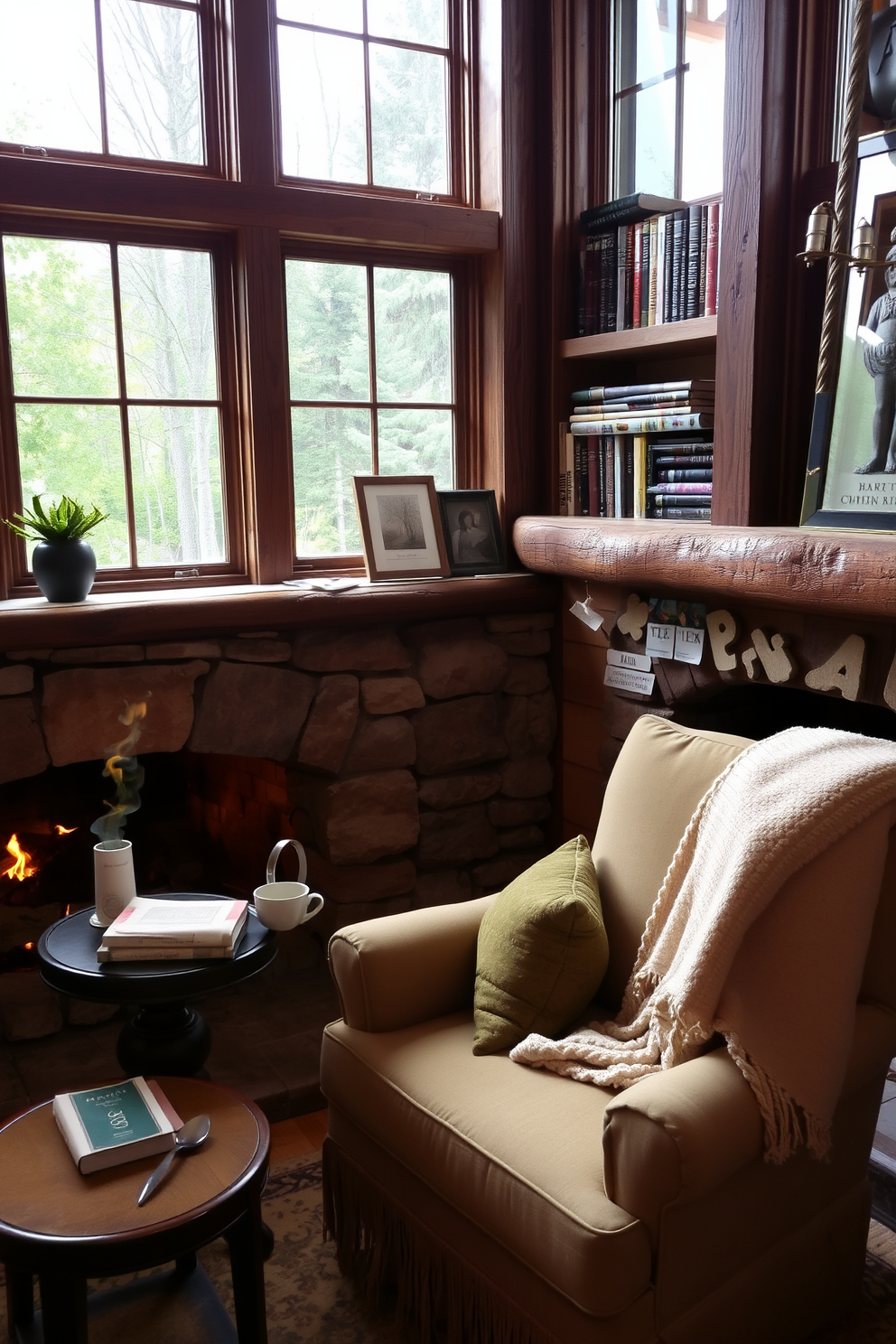 A cozy reading nook by the fireplace features a plush armchair upholstered in soft, warm fabric positioned near a stone fireplace. A small wooden side table holds a steaming cup of tea and a stack of books, while a handwoven throw blanket drapes over the armchair. The walls are lined with built-in bookshelves filled with an array of books and decorative items. Large windows allow natural light to flood in, offering a view of the surrounding mountain landscape.