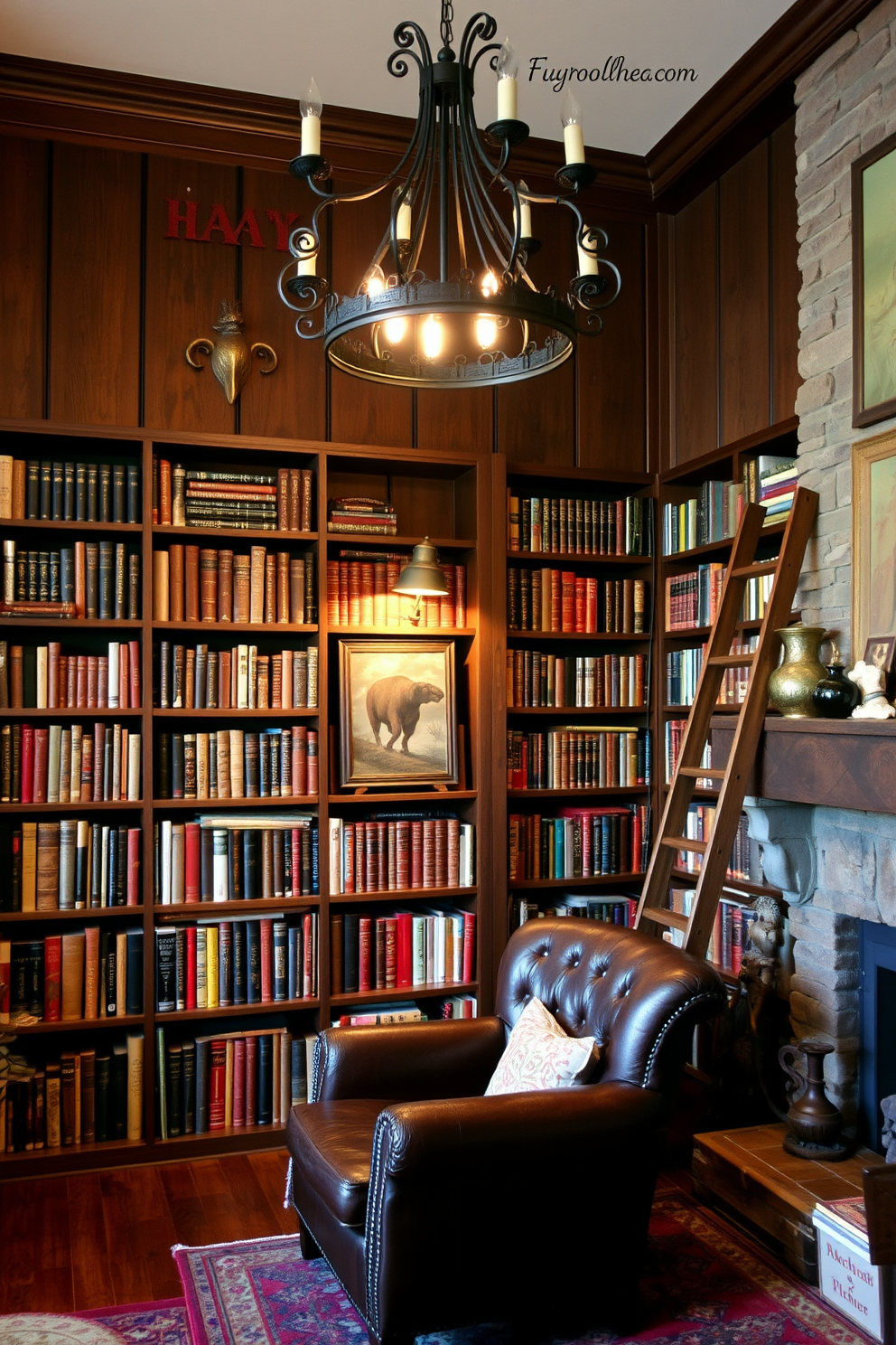 A cozy mountain home library filled with vintage decor and rustic charm. The walls are adorned with dark wooden panels and shelves lined with books, while a large, comfortable leather armchair sits in the corner next to a stone fireplace. A wooden ladder leans against the shelves, providing access to the higher books. Soft, warm lighting from a wrought iron chandelier casts a gentle glow, enhancing the inviting atmosphere of the space.