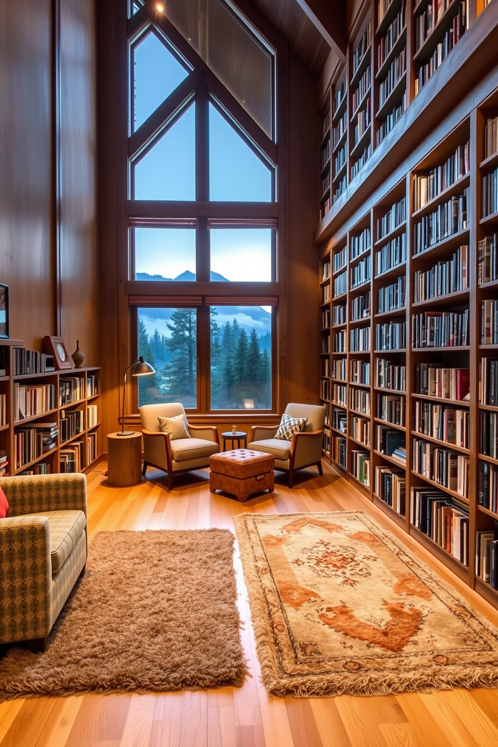 A cozy mountain home library features soft area rugs that add warmth and comfort to the space. The walls are lined with floor-to-ceiling bookshelves filled with a curated collection of books, and a large window offers stunning views of the surrounding nature.