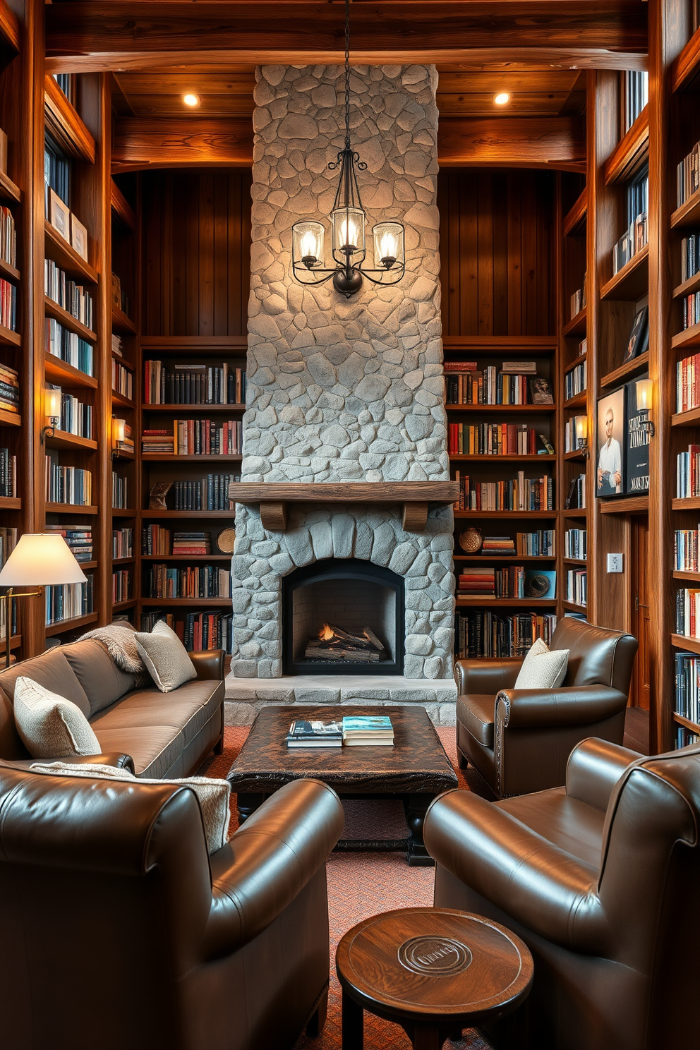 A cozy mountain home library setting. The walls are lined with rich wooden bookshelves filled with books, and plush seating is arranged around a rustic coffee table. Wall-mounted lighting fixtures cast a warm glow throughout the space. Soft leather armchairs invite you to curl up with a good book beside a stone fireplace.