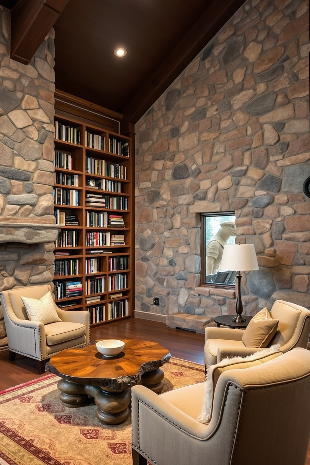 A cozy mountain home library featuring natural stone accents on the walls. The design includes a large wooden bookshelf filled with books and a comfortable reading nook with plush armchairs and a rustic coffee table.