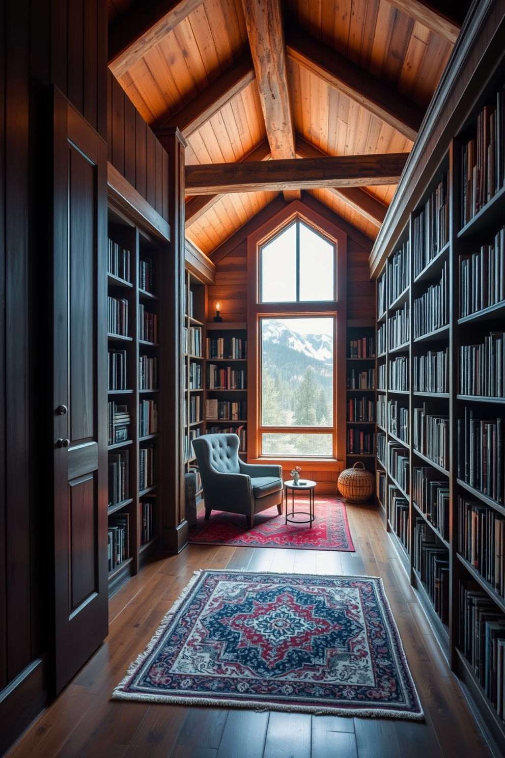 A hidden door seamlessly blends into the wooden wall, revealing a cozy library filled with floor-to-ceiling bookshelves. Soft lighting illuminates the space, highlighting a plush reading nook with a comfortable armchair and a small side table. The library features rustic wooden beams across the ceiling, creating a warm and inviting atmosphere. A large window offers a stunning view of the surrounding mountains, while a rich area rug adds texture to the hardwood floor.