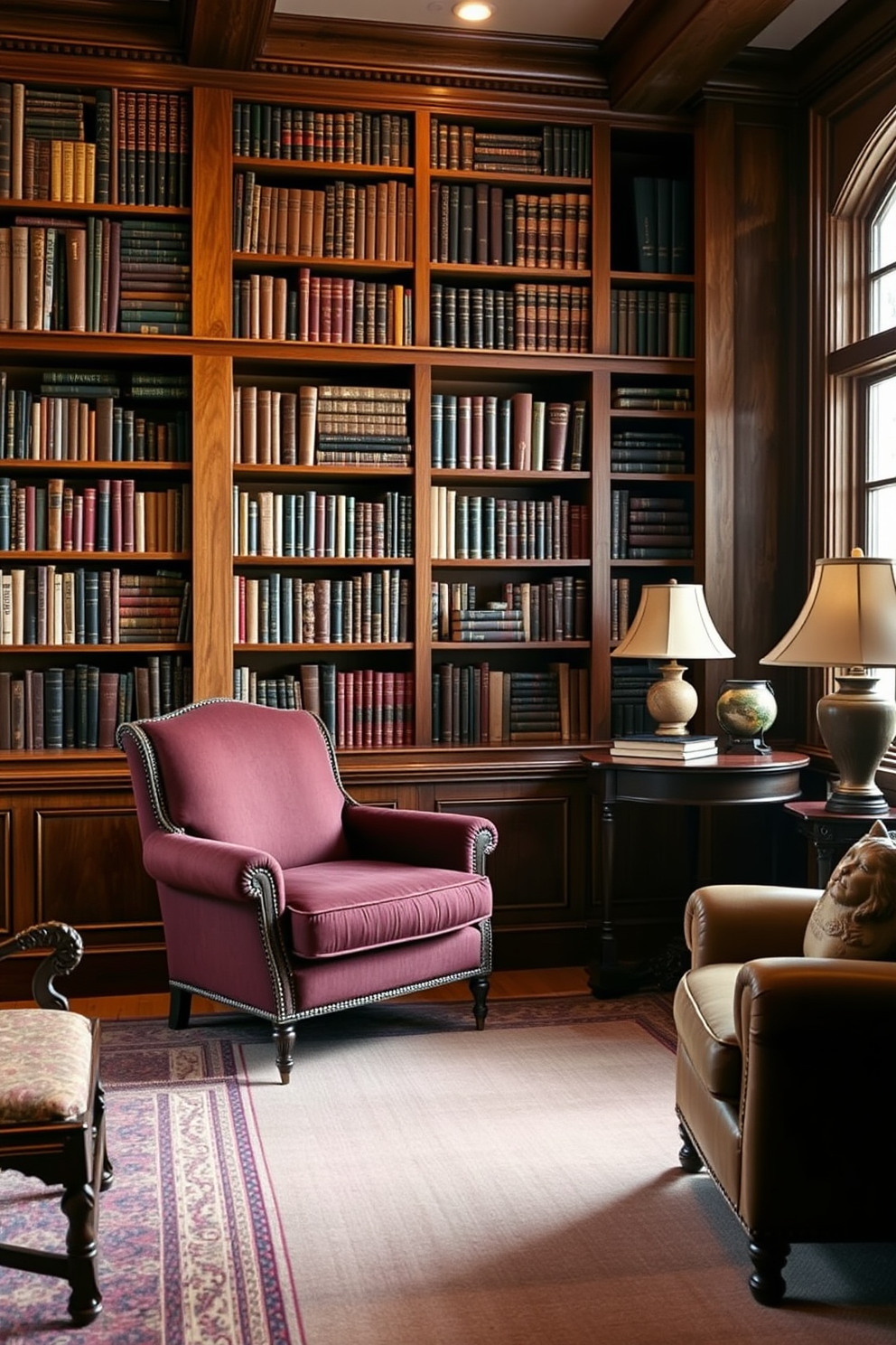 Antique furniture fills the space, creating a timeless look that blends elegance with comfort. A large oak bookshelf lines one wall, showcasing an array of classic novels and decorative items. A cozy reading nook features a plush armchair upholstered in rich fabric, paired with a vintage side table. Soft, warm lighting casts a gentle glow, inviting relaxation and contemplation in this mountain home library.