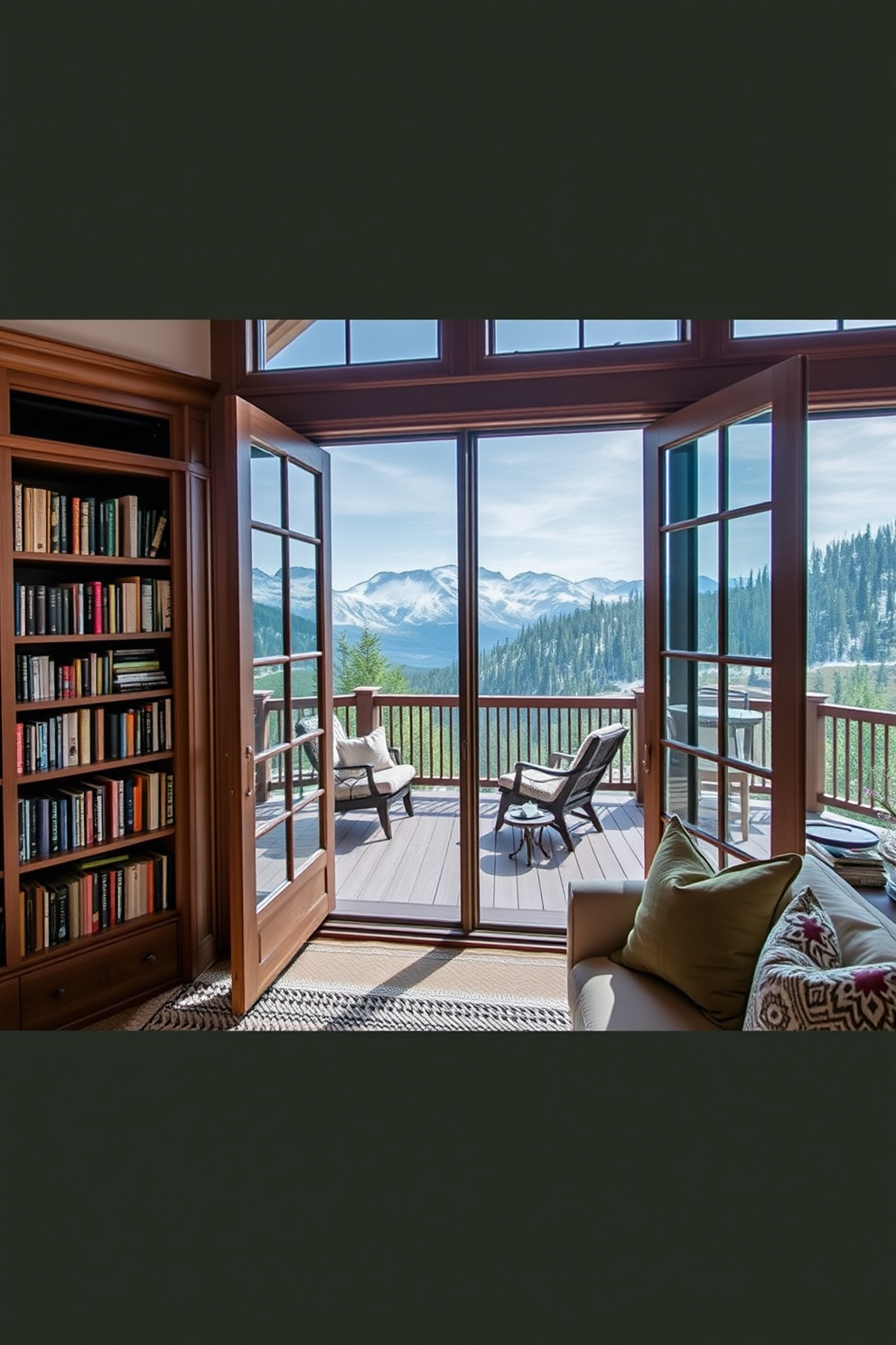 A cozy mountain home library featuring large glass doors that open to a scenic deck with breathtaking views. Inside, there are built-in wooden bookshelves filled with an eclectic collection of books, complemented by a plush seating area adorned with soft throw pillows.