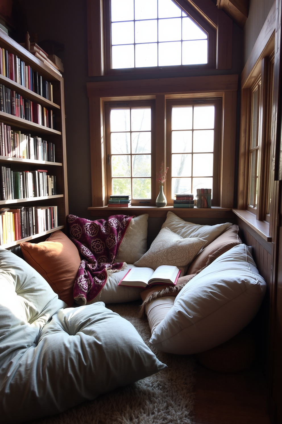 Cozy reading alcove with soft, oversized cushions in various textures and colors. The space is illuminated by natural light streaming through large windows, creating a warm and inviting atmosphere. A rustic wooden bookshelf filled with books lines one wall, while a plush area rug adds comfort underfoot. Decorative throw blankets are draped over the cushions, inviting relaxation and enjoyment of a good book.