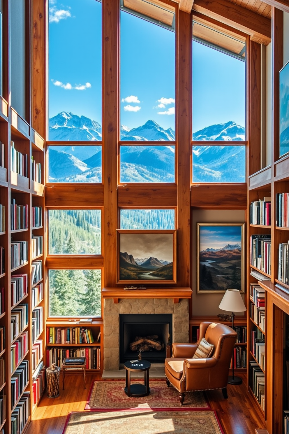 A cozy mountain home library featuring wooden bookshelves filled with a variety of books. Large windows frame breathtaking views of the surrounding mountains, allowing natural light to flood the space. A plush reading nook with a comfortable armchair and a small side table sits in front of the fireplace. The walls are adorned with artwork inspired by nature, showcasing serene landscapes and majestic mountains.