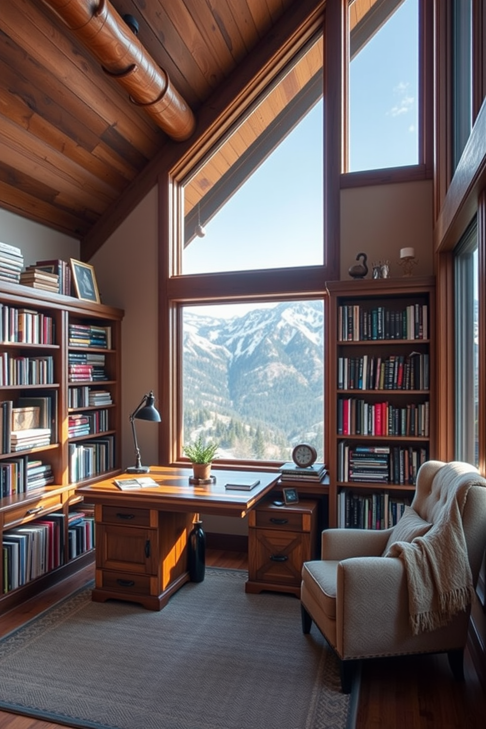 A cozy mountain home library featuring a blend of modern and rustic furniture. The space includes a large leather armchair paired with a reclaimed wood coffee table, surrounded by floor-to-ceiling bookshelves made of dark-stained wood. Natural light floods the room through large windows, highlighting a stone fireplace that adds warmth to the atmosphere. A plush area rug anchors the seating area, complemented by a mix of contemporary and vintage decor pieces.