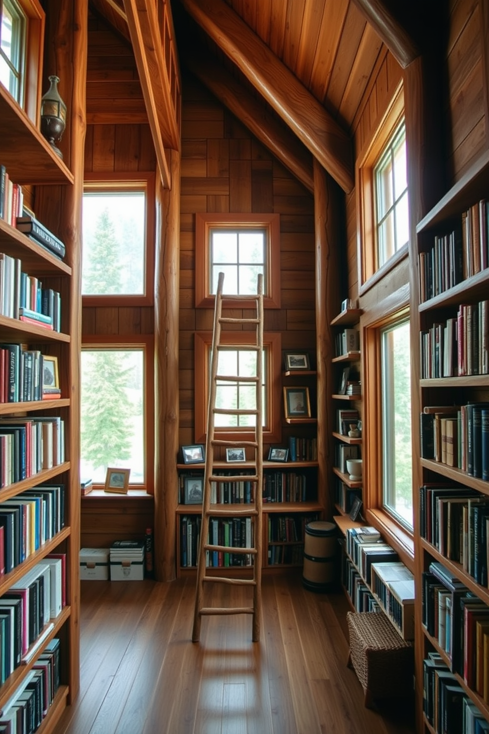 A cozy mountain home library features rustic wooden shelves that stretch from floor to ceiling, showcasing an array of books and decorative items. A sturdy ladder leans against the shelves, providing access to the higher levels, while large windows allow natural light to flood the space, illuminating the warm wood tones.