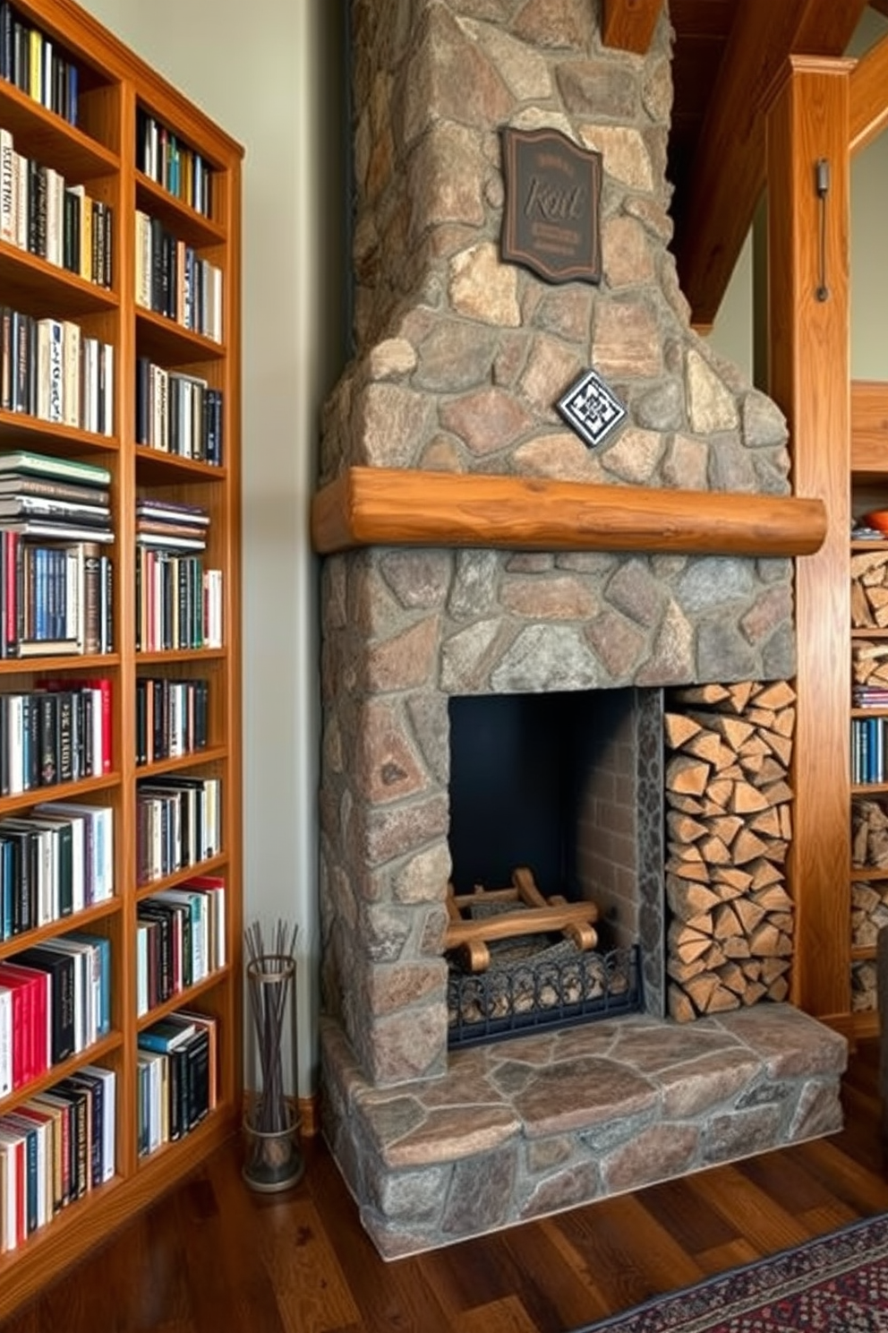 A cozy mountain home library features a stunning firewood storage solution seamlessly integrated into the design. The wooden shelves are filled with books, while a rustic stone fireplace stands as a focal point, adorned with neatly stacked firewood on one side.