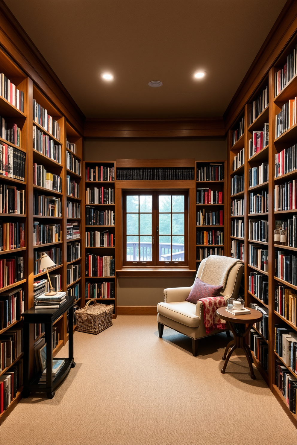 An artistic ladder made of reclaimed wood leans against a wall of towering bookshelves filled with an eclectic collection of books. The ladder features unique metal accents and is complemented by warm ambient lighting that highlights the cozy atmosphere of the mountain home library. The library is designed with large windows that frame breathtaking mountain views, allowing natural light to flood the space. Plush seating areas with oversized cushions invite readers to relax and enjoy their favorite books in this serene retreat.